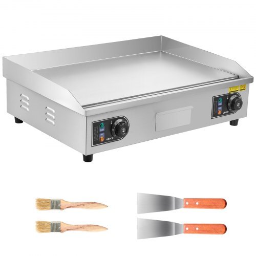 Commercial Electric Griddle, 25.79 x 15.75 inch, 2800W, 122-570?F Adjustable Temp Control, Stainless Steel Body, Full Flat, with 2 Spatulas, 2 Brushes, and 4 Foot Pads, for Steak, Pancake