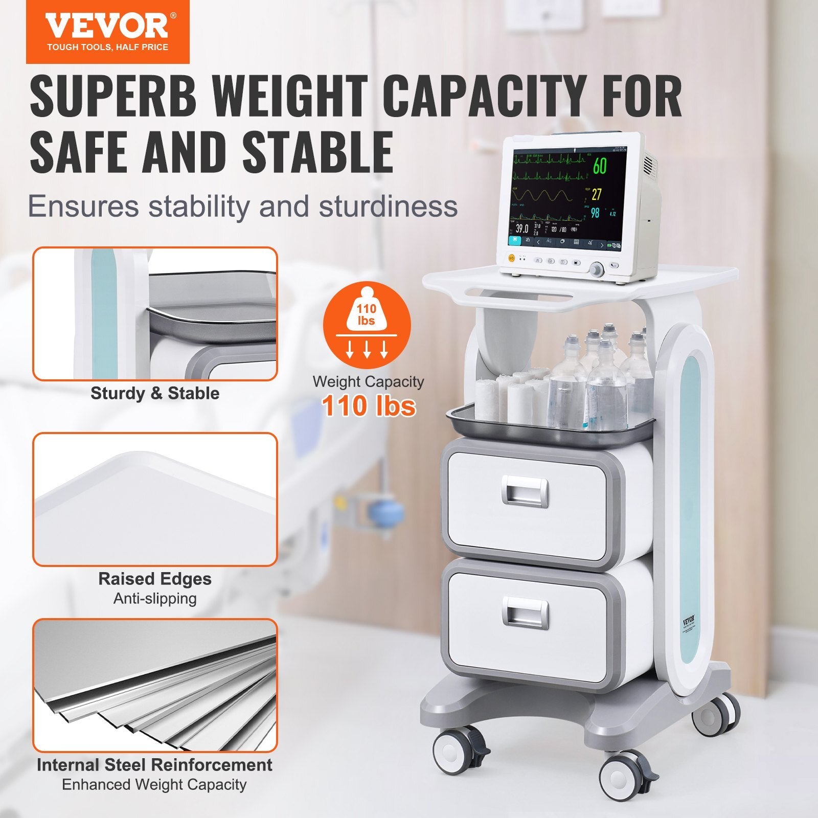 3 Tiers Lab Carts, Lab Utility Cart with 2 Drawers & 1 Top Tray, Mobile Medical Cart with ABS Material, Lab Rolling Cart with 4 Silent Wheels for Lab, Clinic, Hospital, Salon, White