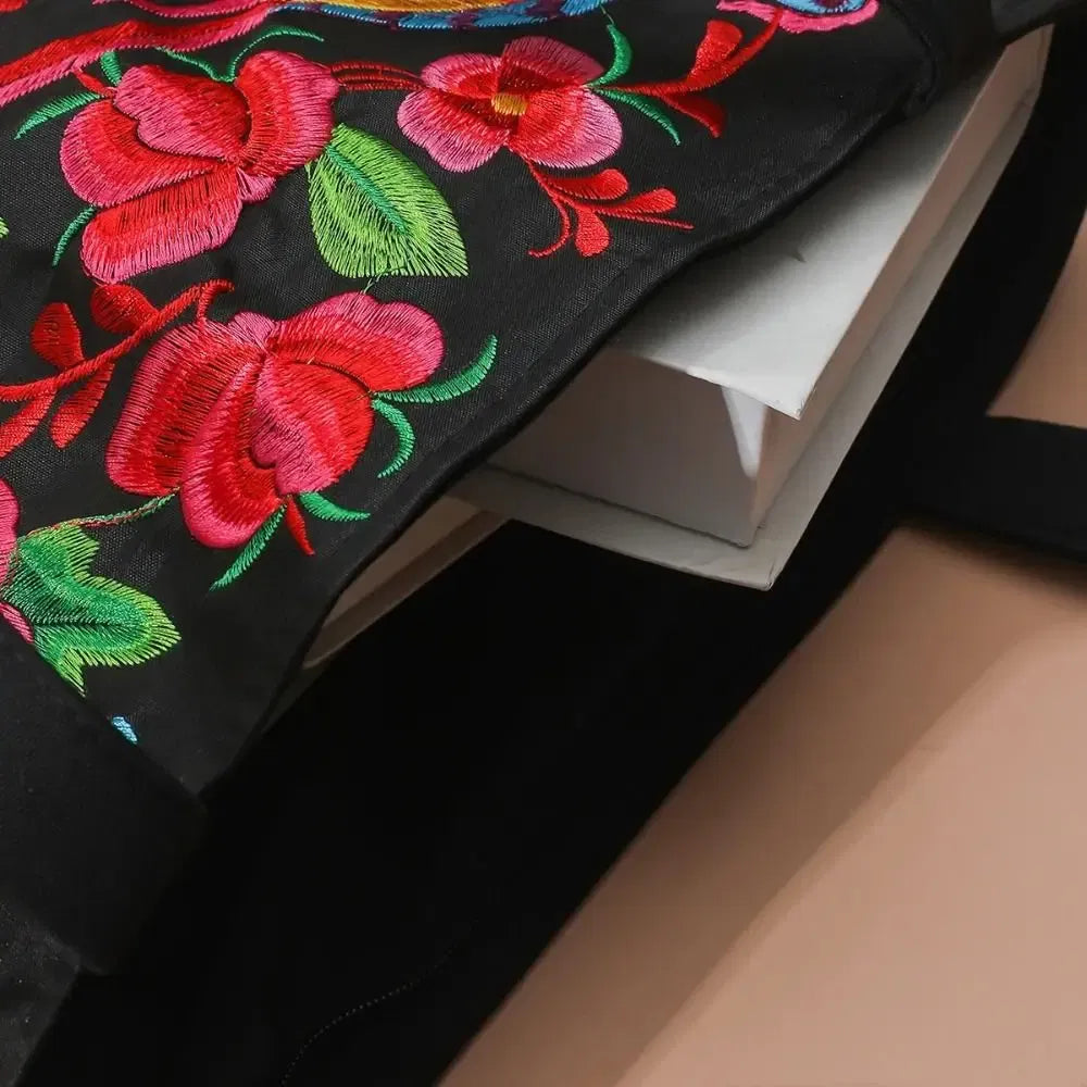 Color: Black - Ethnic Style Women Shoulder Bag Casual Canvas Large Capacity Embroidered Tote Bag Handbag Colorful Shopping Bag