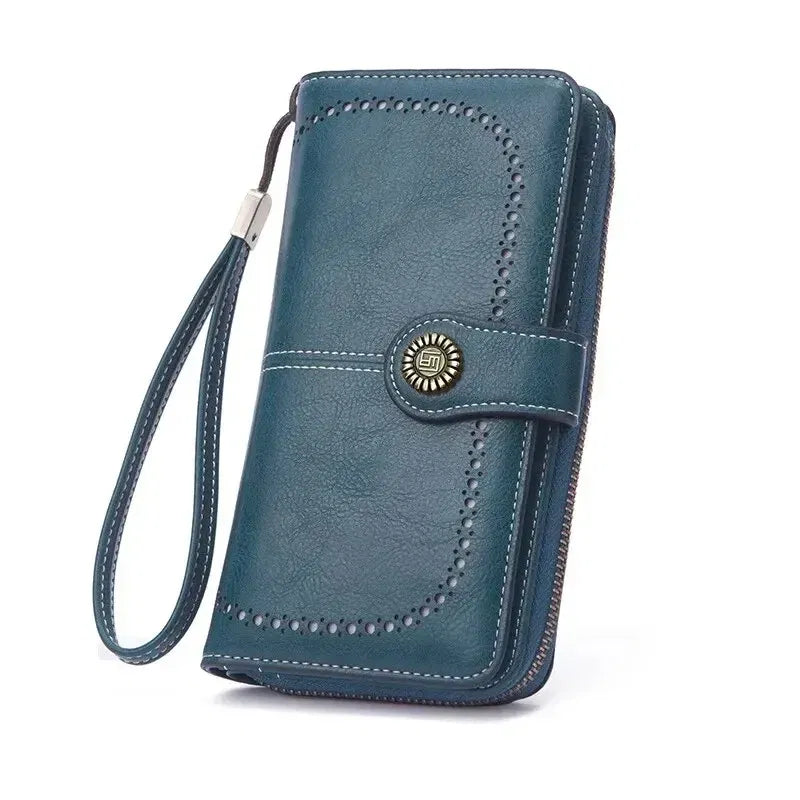 Color: Orange - New Retro Long Purse Vintage Solid Color Oil Wax Hollowed Out Wallet Multifunction Large Capacity Mobile Phone Bag For Women