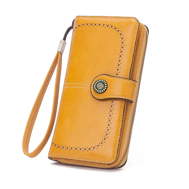 Color: Yellow - Vintage Large Capacity Women's Purse, Monochromatic, Multi-card, Long Wallet, Multi-function Zipper Strap, Wrist Strap, New