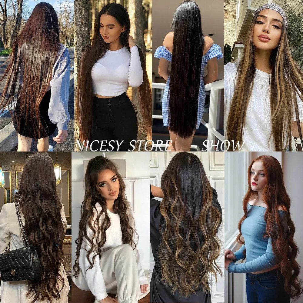 Color: T1B/Red, Stretched Length: 32inches, Ships From: CHINA - Synthetic Natural Wavy No Clip Fish Line Invisible Hair Extensions Mixed Color Blonde Black Artificial False Hair Piece ForWomen
