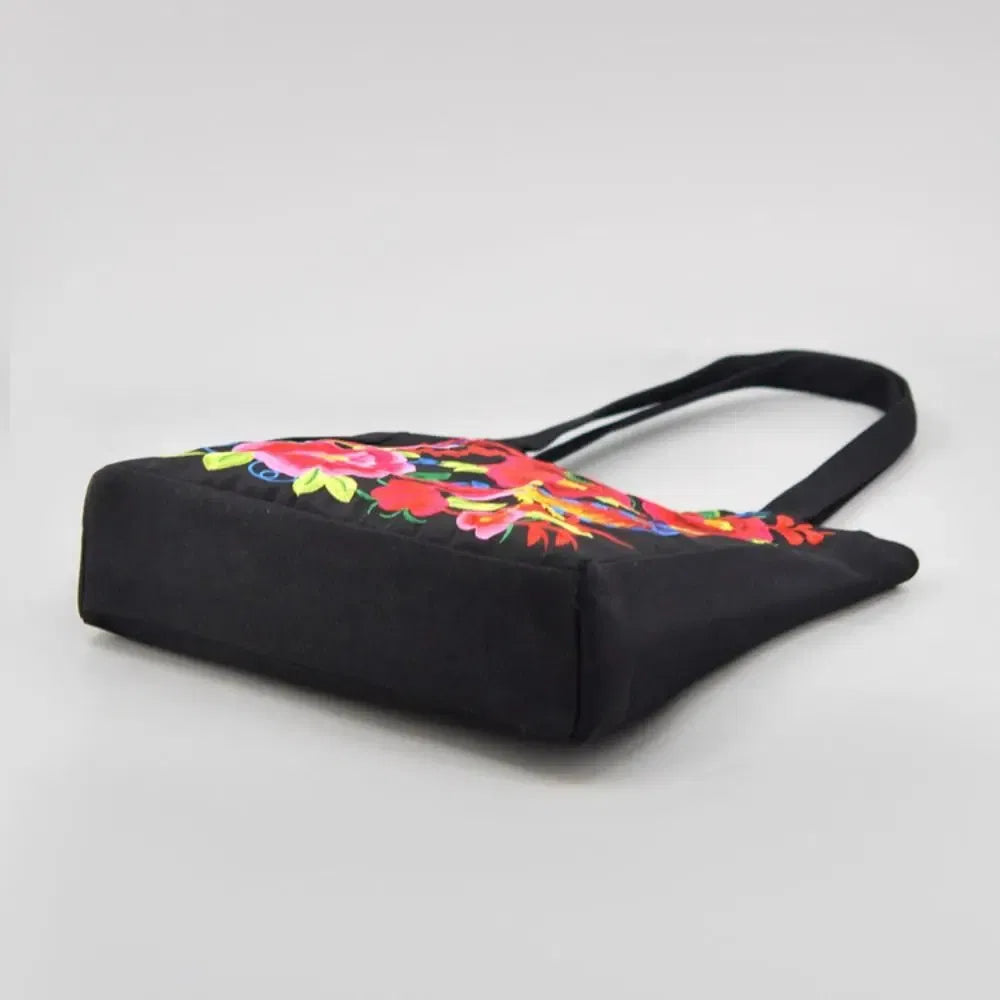 Color: Black - Ethnic Style Women Shoulder Bag Casual Canvas Large Capacity Embroidered Tote Bag Handbag Colorful Shopping Bag