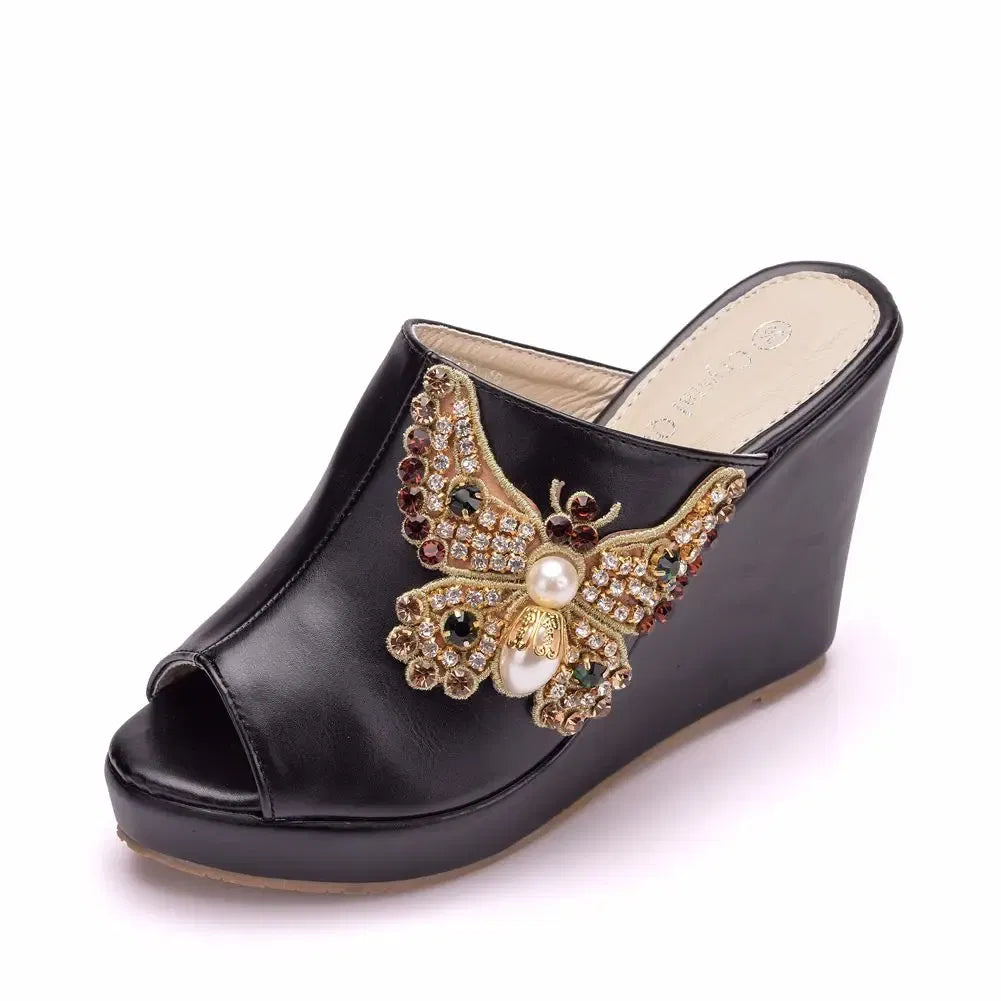 Color: WHITE, Shoe Size: 38 - Crystal Queen 10cm Peep Toe Platform Wedges Slippers High Heels Beach Sandals Women