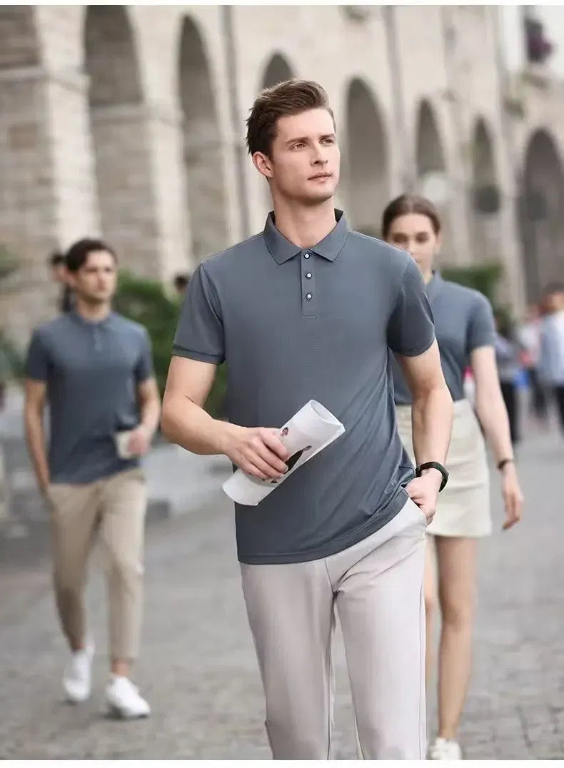 Color: Champagne, Size: 4XL - 2025 New Solid Color Polo Shirt Men's Short Sleeve Button Tshirts Lapel Lightweight Streetwear Sport Casual Tops