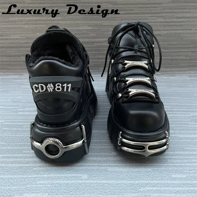 Color: Brown, Shoe Size: 44 - Punk Style Women Sneakers Lace-up 6CM Platform Shoes Woman Creepers Female Casual Flats Metal Decor Tenis Feminino Gothic