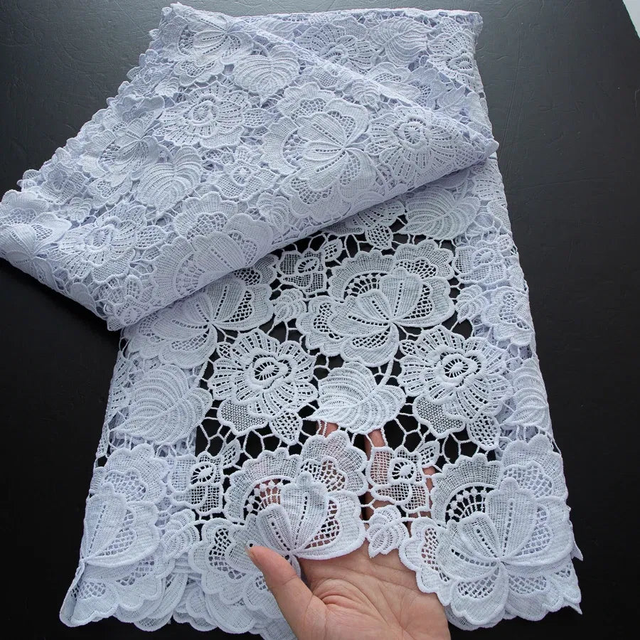 Color: BROWN, Width: 120cm, Length: 5 yards - 2025 Guipure Lace Fabric High Quality 5 Yards Knitted White Nigerian African Sequins Cord Lace Fabric Dress for Women A4070