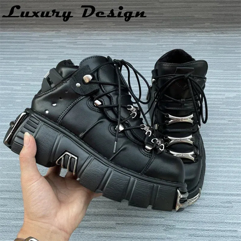 Color: Brown, Shoe Size: 44 - Punk Style Women Sneakers Lace-up 6CM Platform Shoes Woman Creepers Female Casual Flats Metal Decor Tenis Feminino Gothic