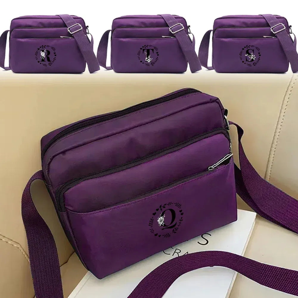 Color: Khaki - Purple One Shoulder Crossbody Bag Portable Commuting Large Capacity Simplicity Storage Bag Garland Letter Series Print Pattern