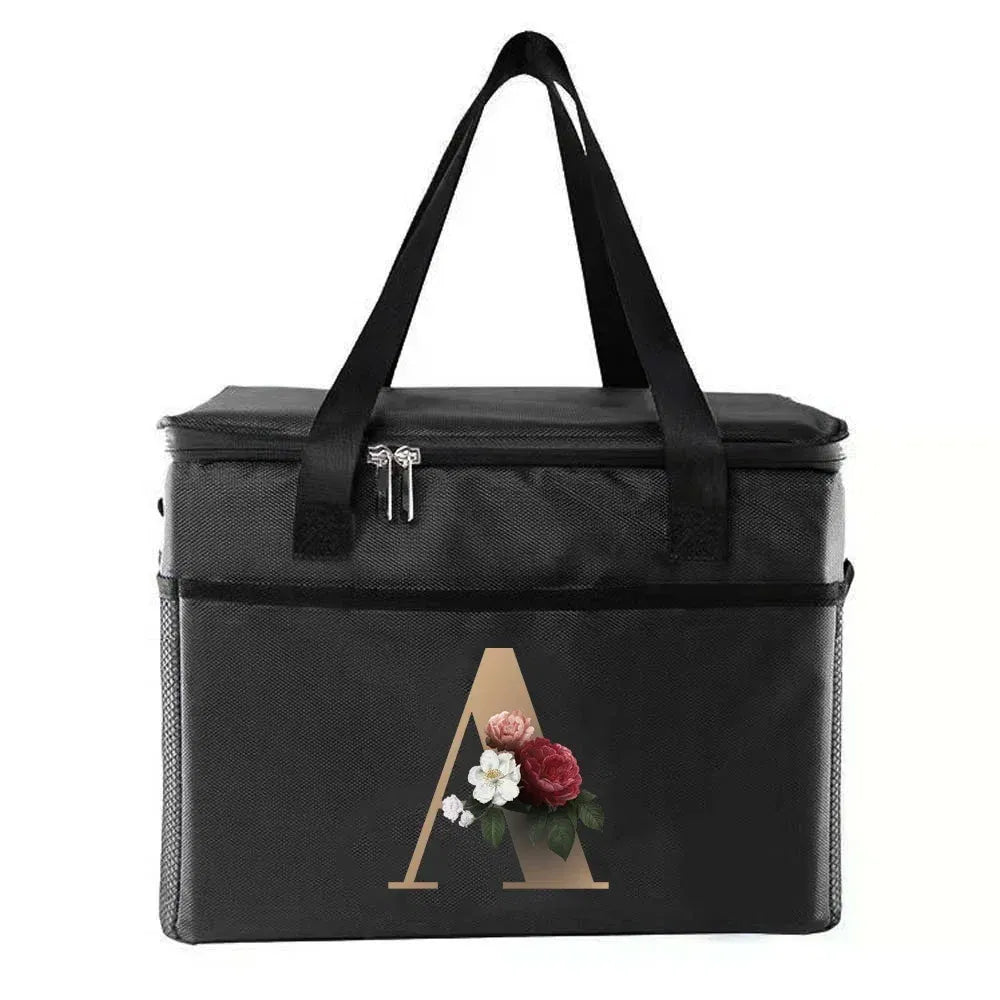 Color: Brown - Thermal Bag Portable Lunch Bags Insulated Cooler Bag Food Bento Bags Printing Gold Letter Series Travel Picnic Storage Ice Bags