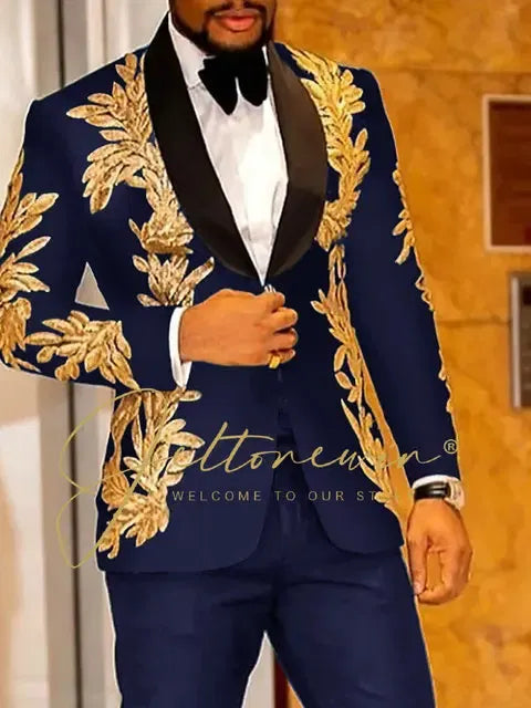 Color: SKY BLUE, Size: One Size - Luxury Groom Wedding Tuxedos Gold Sequins Appliques Black Men Suits Slim Fit Costume Homme Marriage Prom Suits