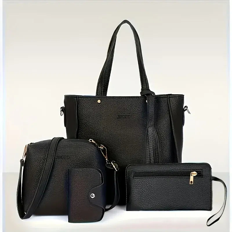 Color: black - 4pcs Elegant Minimalist Women'S Shoulder Bag, Handbag, Crossbody Bag, Women Storage Bag, Holiday Gift, Synthetic, Zipper Closure