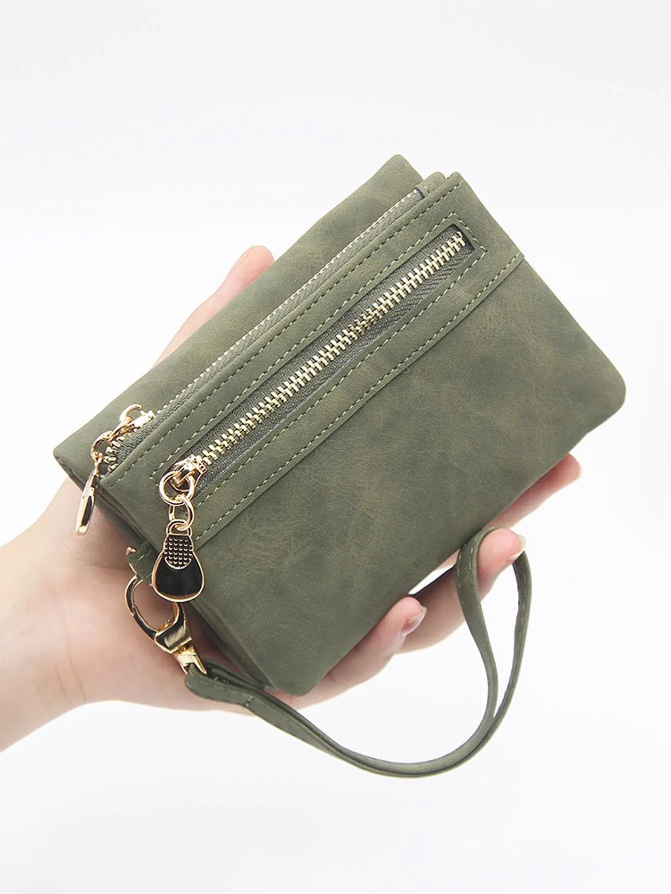 Color: black - Retro foldingzipper wallet high-quality PUleather portablemultifunctional women's walletfashionable withID card window wrist bag