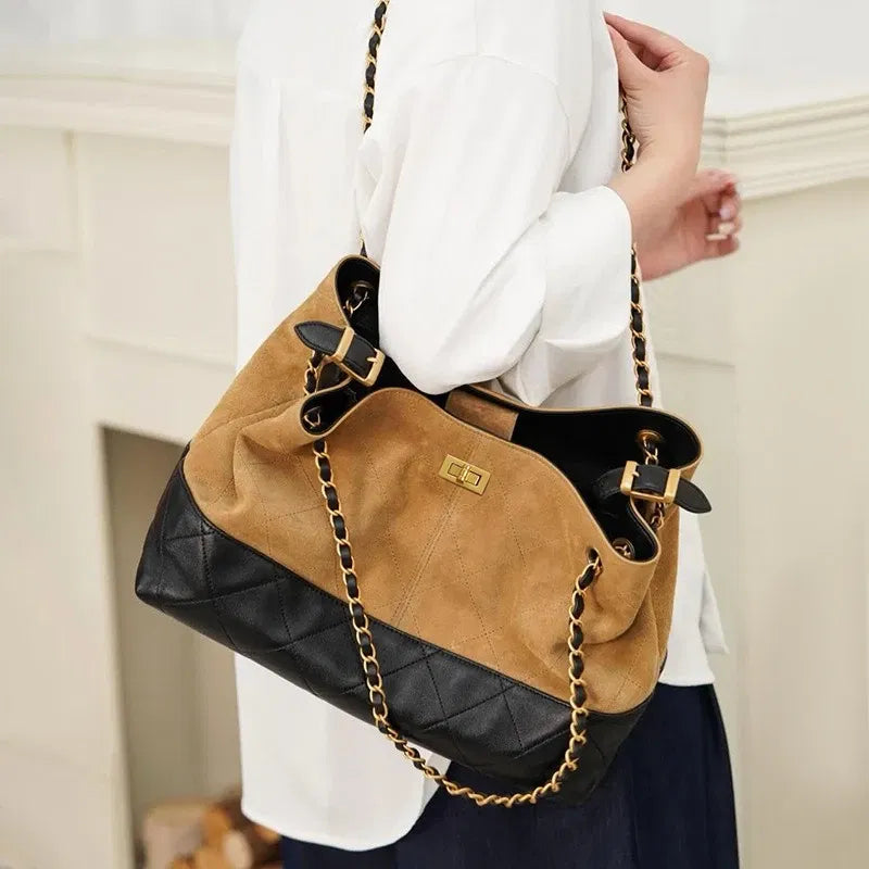 Color: Beige - Ladies' Genuine Leather Bag 2025 Matte Leather Diamond Pattern Vintage Chain Bucket Bag Contrast Color Shoulder Bag Handbag