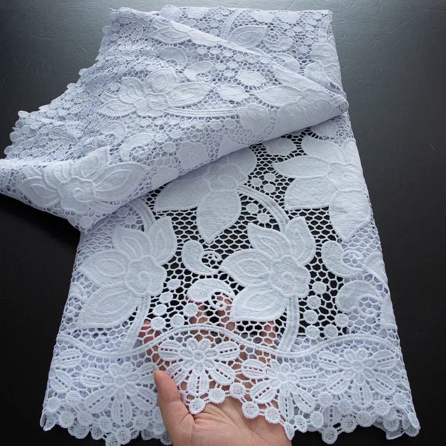 Color: BROWN, Width: 120cm, Length: 5 yards - 2025 Guipure Lace Fabric High Quality 5 Yards Knitted White Nigerian African Sequins Cord Lace Fabric Dress for Women A4070