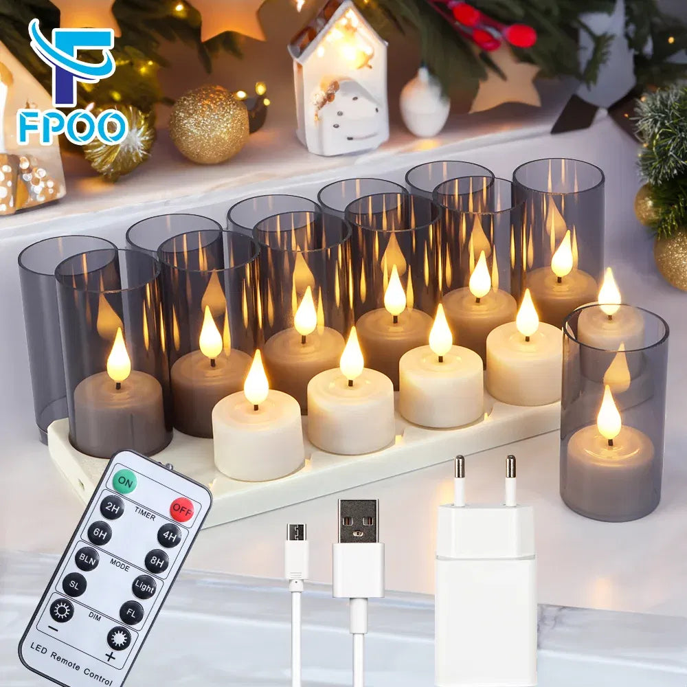 Emitting Color: Red, Plug Type: EU Plug - LED Candle Light Rechargeable Flameless Candles Timer Remote Tea Lights With Black Cups For Wedding Home Decor Christmas Lamp