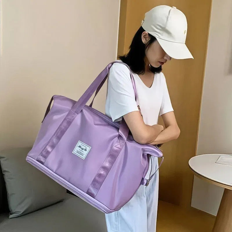 Color: Pink - Double-layer expandable large-capacity luggage bag, new multi-functional foldable portable gym bag, sports travel bag-tan