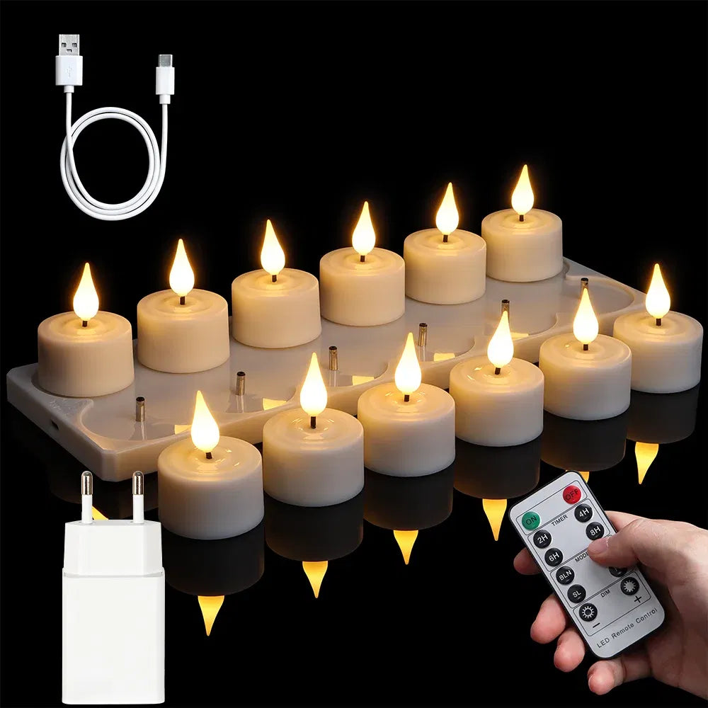 Emitting Color: Red, Plug Type: EU Plug - LED Candle Light Rechargeable Flameless Candles Timer Remote Tea Lights With Black Cups For Wedding Home Decor Christmas Lamp