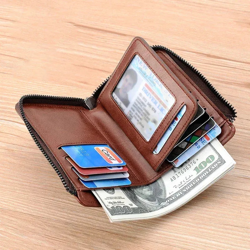 Color: Coffee - Luxury Designer Leather Men's Wallet RFID Zipper Card Holder Wallets for Men Portable Short Male Wallets Handbag