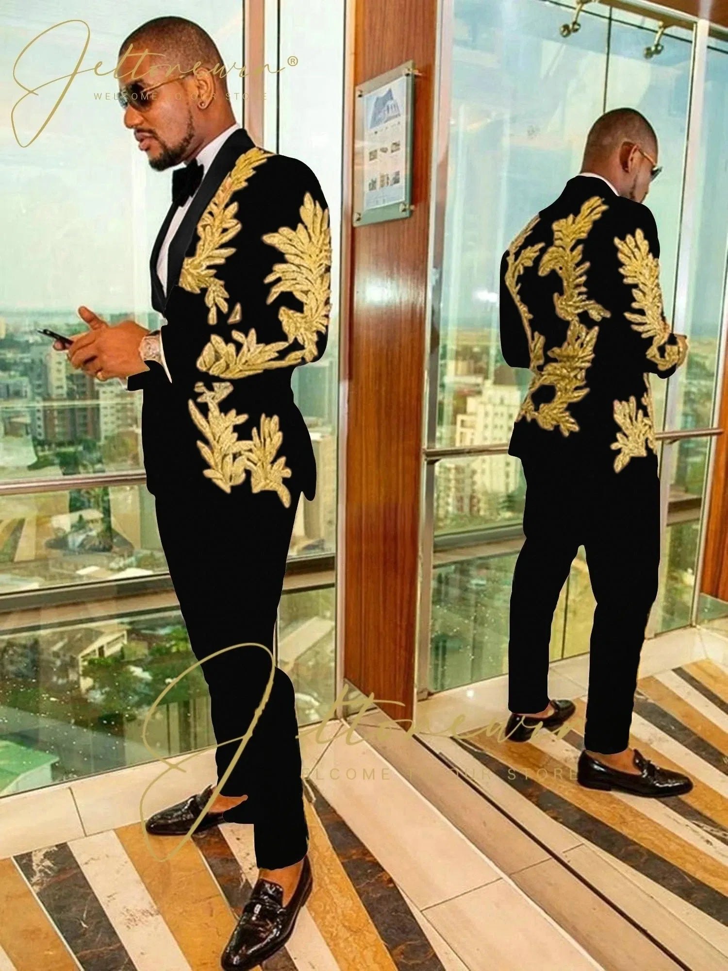 Color: SKY BLUE, Size: One Size - Luxury Groom Wedding Tuxedos Gold Sequins Appliques Black Men Suits Slim Fit Costume Homme Marriage Prom Suits