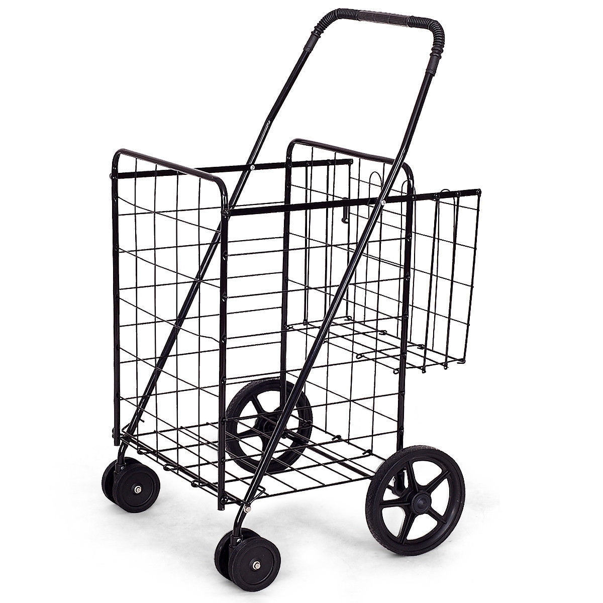 Folding Shopping Cart for Laundry with Swiveling Wheels and Dual Storage Baskets-Black - Color: Black