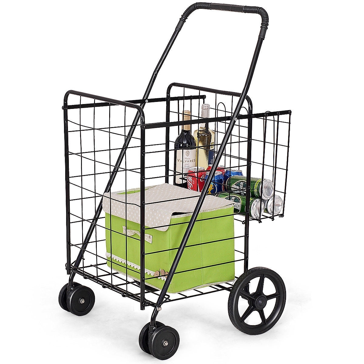 Folding Shopping Cart for Laundry with Swiveling Wheels and Dual Storage Baskets-Black - Color: Black