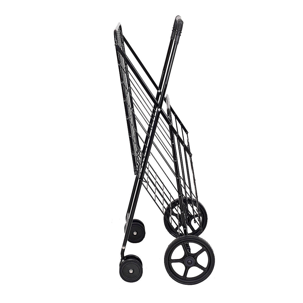 Folding Shopping Cart for Laundry with Swiveling Wheels and Dual Storage Baskets-Black - Color: Black