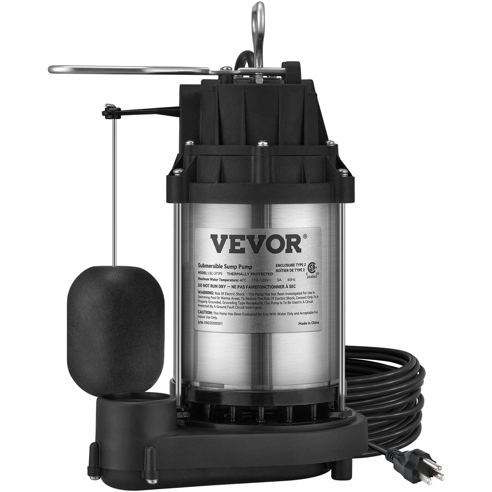 Sump Pump, 1/2 HP 3960 GPH, Submersible Stainless Steel Water Pump, 1-1/2" NPT Discharge With 33 ft Cord, Automatic Float Switch with Piggy-back Plug, for Indoor Basement Water Basin