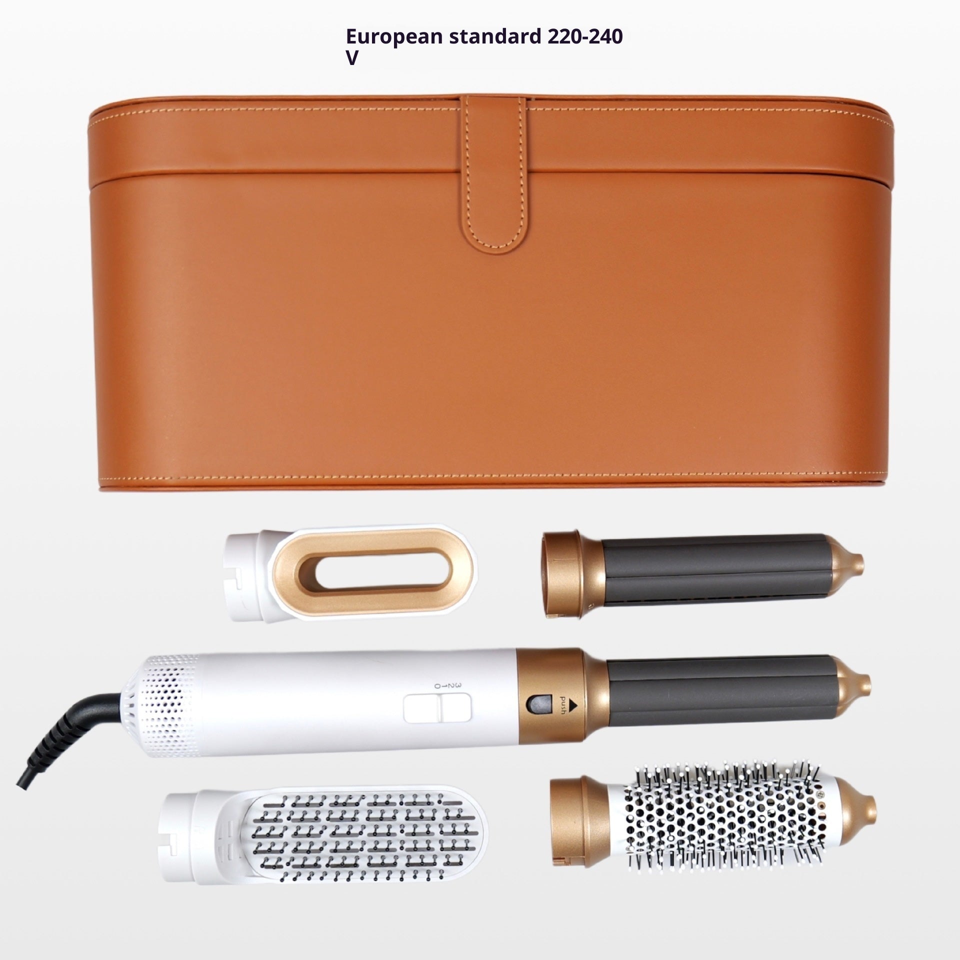 Color: White, Specification: EU-220v leather box, Property:  - Multifunctional Five-in-one Automatic Curler Straight Comb Hair Dryer