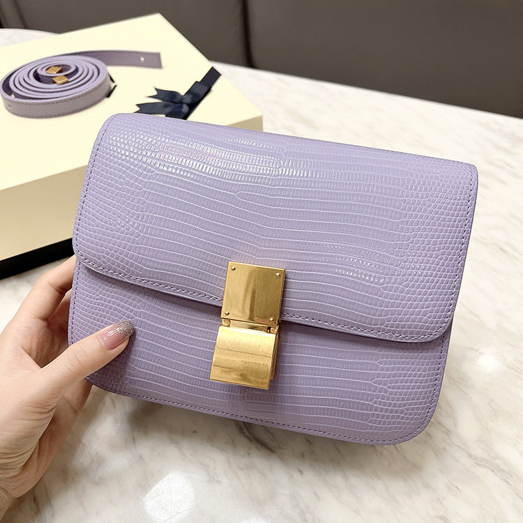 Color: Large Size Light Purple - Square Bag Women's Messenger Lizard Pattern Cowhide Box