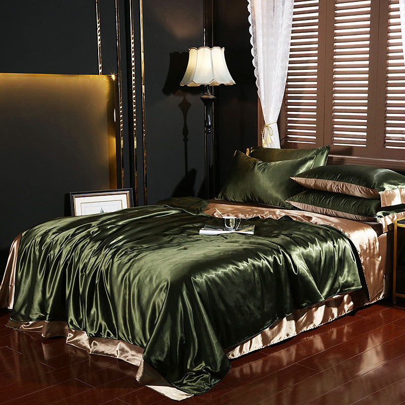 Style: Army Green Gold 2, Size Specification: 1.5 M Flat Sheet - Pure-color Double-sided Silk Quilt Cover Four-piece Set